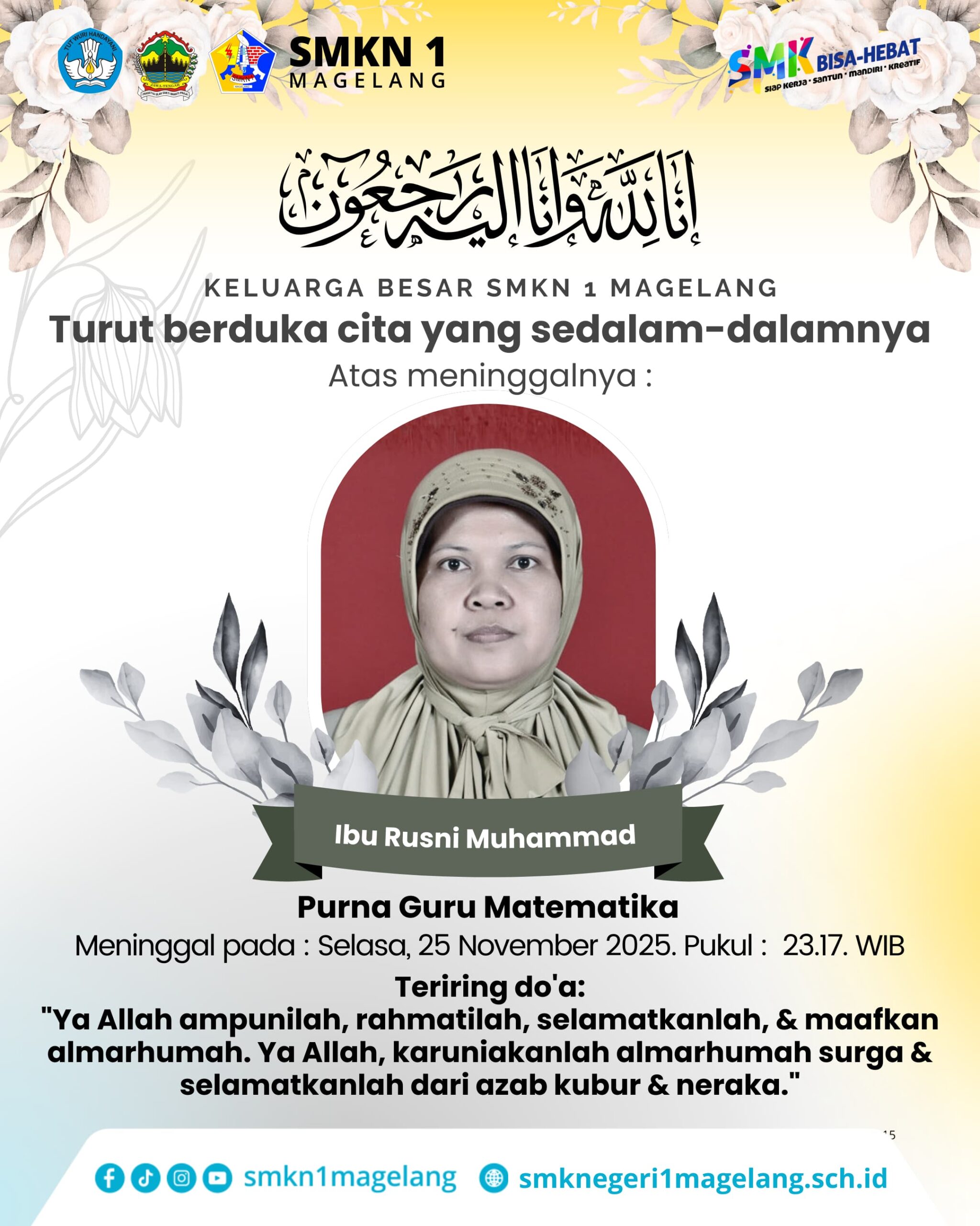 SMKN 1 Magelang Berduka, Purna Guru Matematika Ibu Rusni Muhammad Berpulang