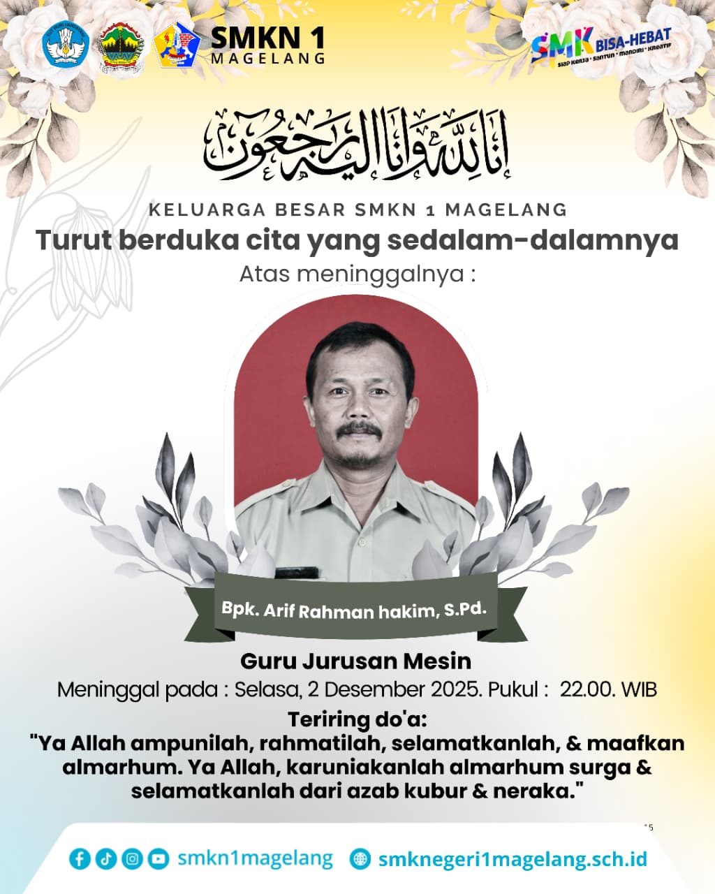 SMKN 1 Magelang Berduka: Guru Terbaik Jurusan Mesin, Bapak Arif Rahman Hakim, S.Pd., Berpulang